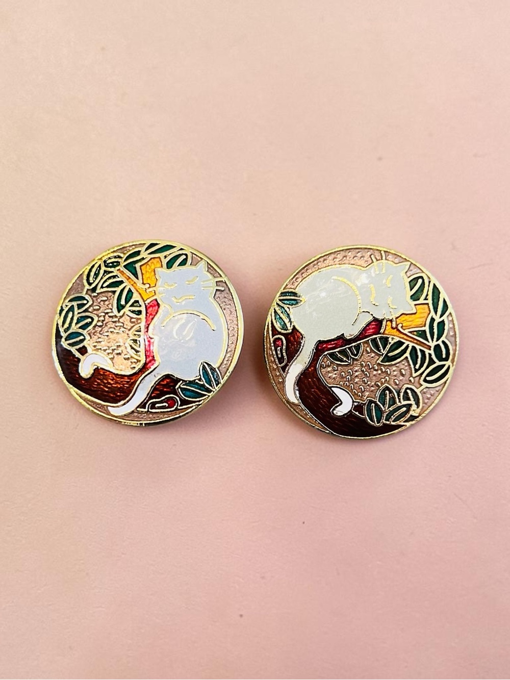 White Cat Cloisonné Post Back Earrings - Elegant Botanical Accents